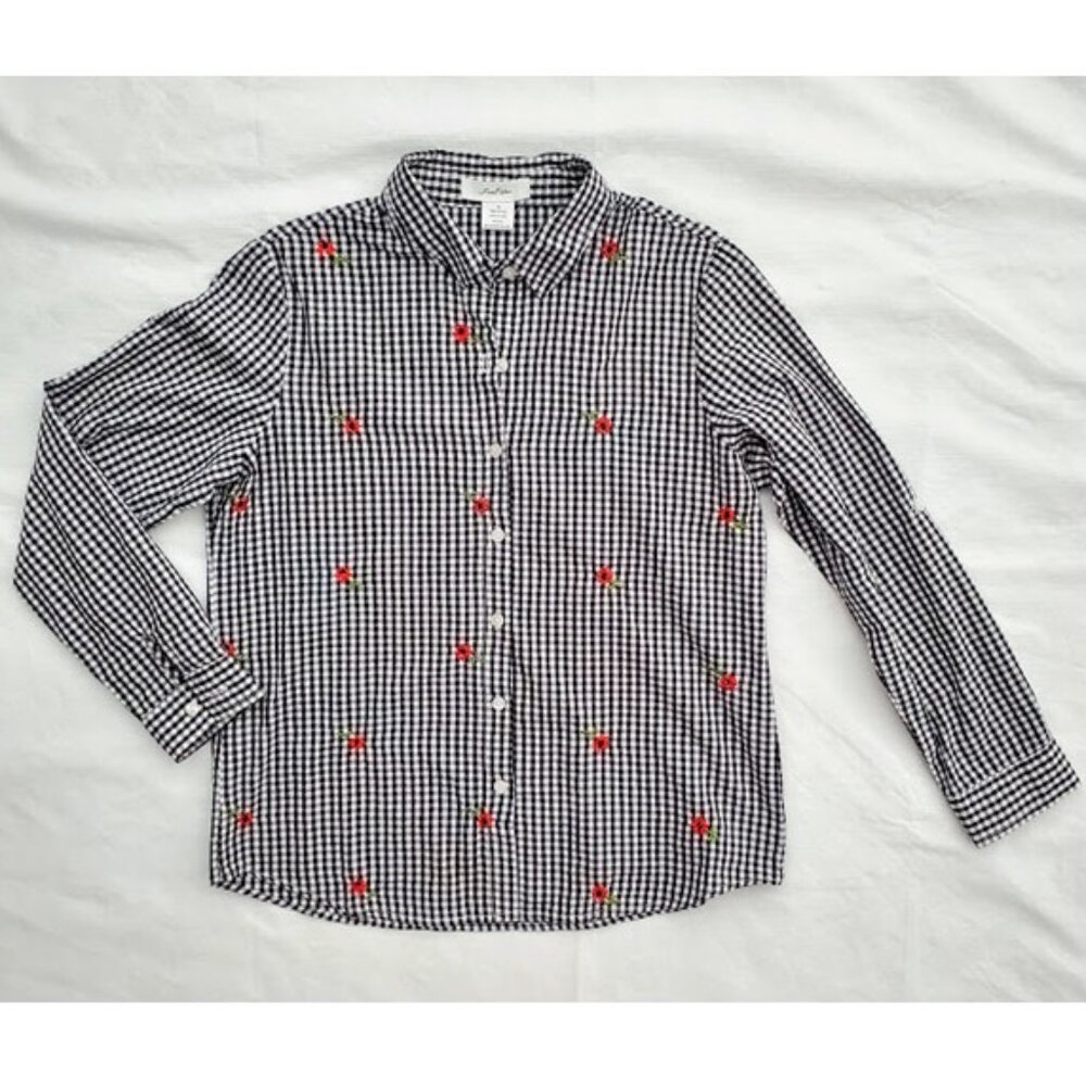 Love Potion B&W Gingham Red Flower Long Sleeve Roll-Tab Button Down Shirt Size M